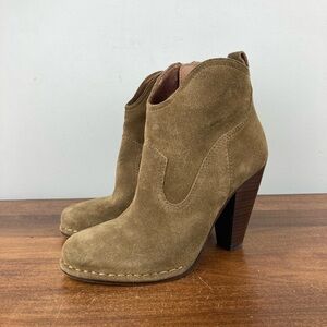 Frye Madeline Brown Suede Cone Heel Almond Toe Western Ankle Bootie Size 6M.